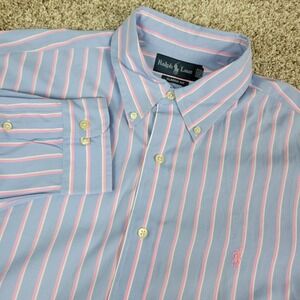 Vintage Ralph Lauren Classic Mens 16.5-34/35 Blue Pink Striped Pony Button Down